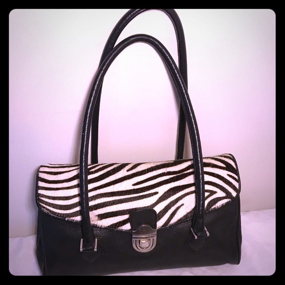 Kate Landry black leather & zebra calf hair purse